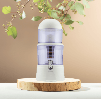 SUPERPURE 14L water dispenser featuring integrated filters and a mineral pot, displayed on a wooden stand with a natural background for healthy hydration