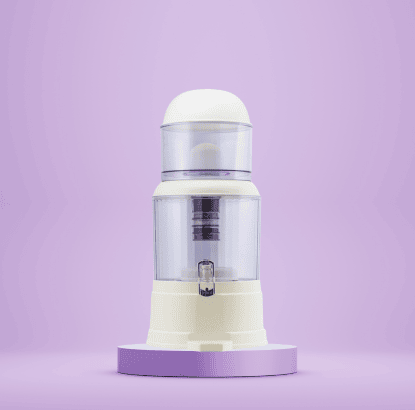 The SUPERPURE 20L Water Dispenser stands against a purple background, showcasing its clear filtration columns filled with multi-layered filters and mineral stones, ready for pure water dispensing in any home or office setting.