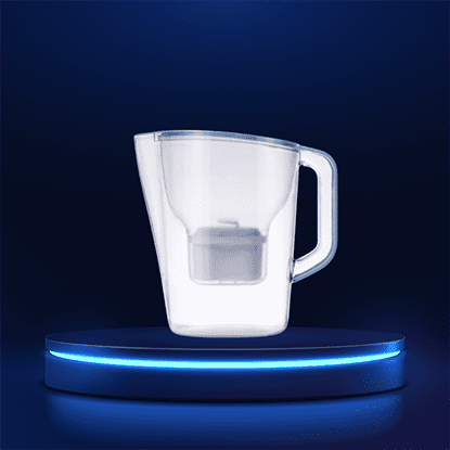Water Filter Jug on a luminous blue circular display stand, showcasing its sleek design and transparent build for clean drinking water at home