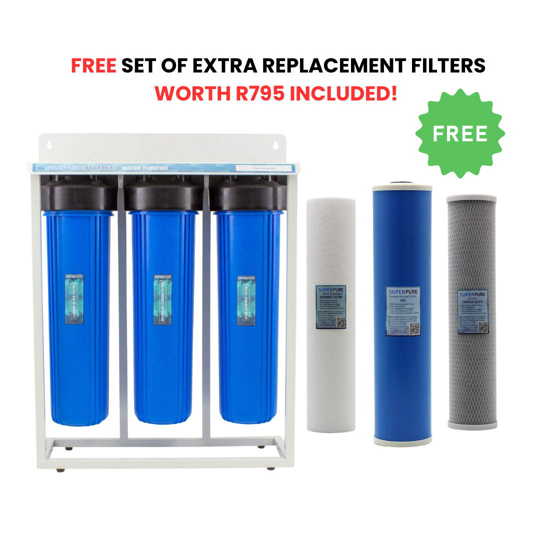 SUPERPURE 3-Stage Whole House Water Filtration System on Stand with x1 Extra Free Premium Replacement Filter Set worth R795!